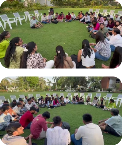 Employees discussing plans and strategies on the company outing