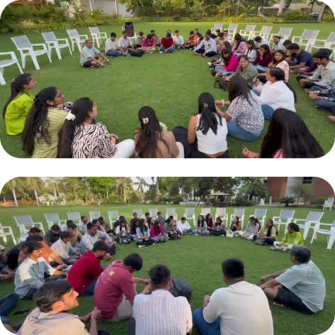 Employees discussing plans and strategies on the company outing