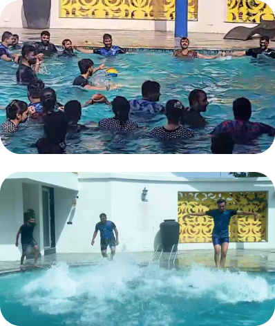 Group fun and laughter around the swimming pool on office trip