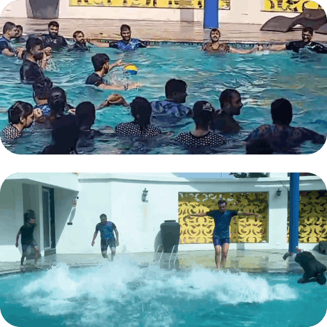Group fun and laughter around the swimming pool on office trip